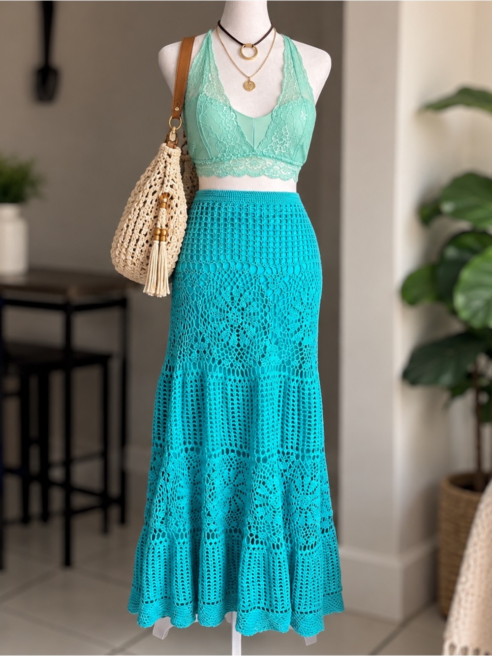 Unbranded Size 12 Turquoise Crochet Maxi Skirt Boho Hippie Festival Beach